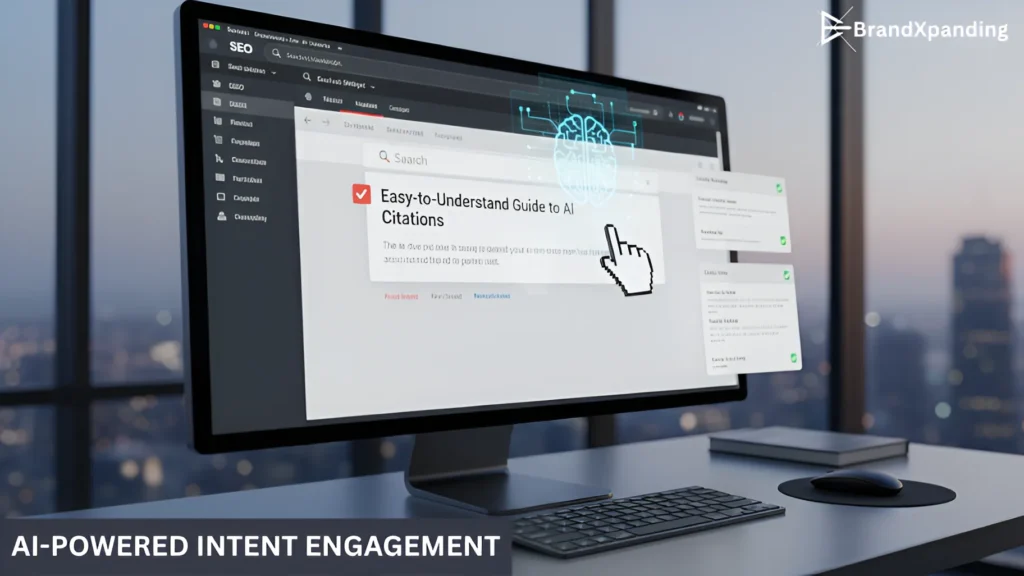 A computer screen displaying an AI-driven SEO interface, with a user selecting content to drive higher-intent traffic.