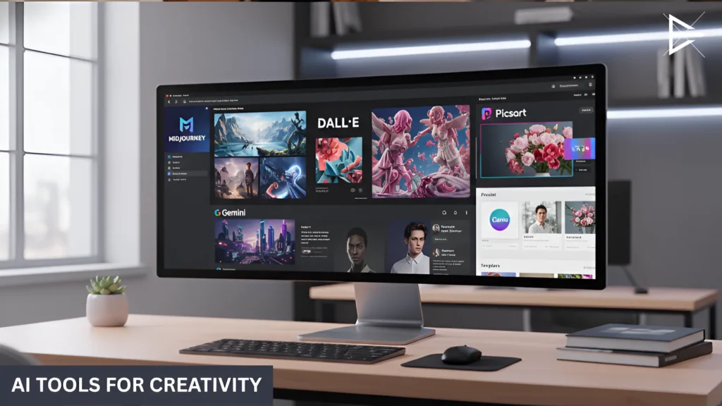 A desk with a computer screen featuring AI tools like MidJourney, DALL·E, and Gemini for creating digital art, symbolizing AI tools for creativity.