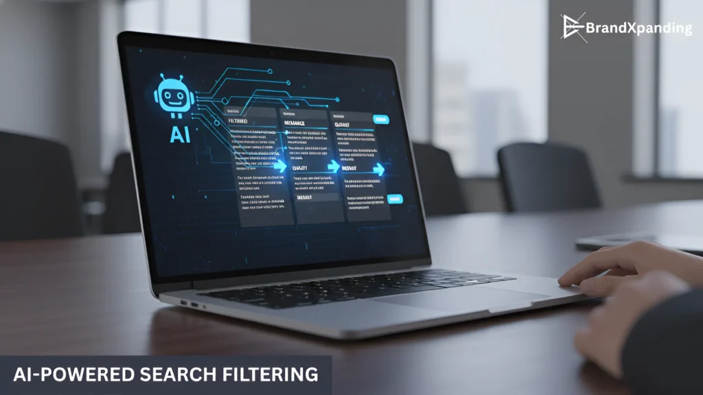A laptop screen showing AI search filters with optimized content for better user engagement and content ranking.
