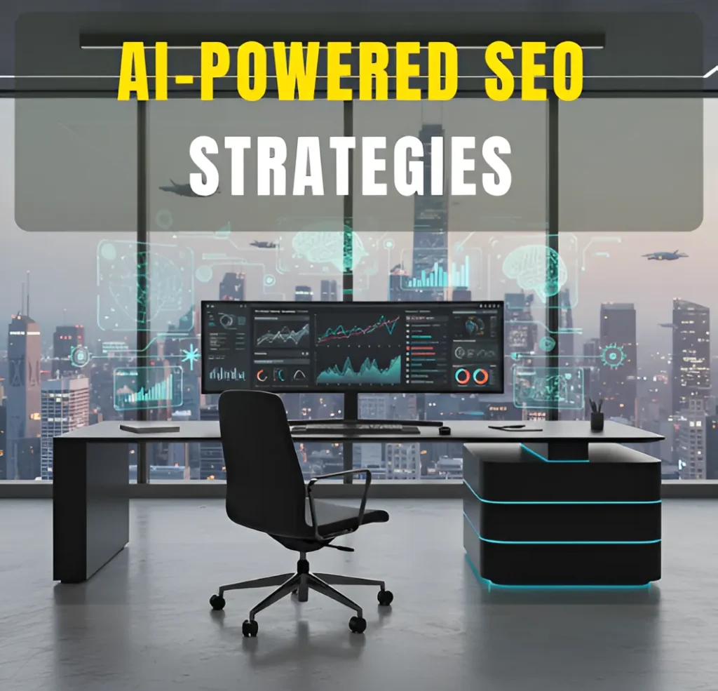 A modern office workspace with a futuristic AI-driven SEO dashboard, featuring data visualizations and analytics, with a city skyline in the background.