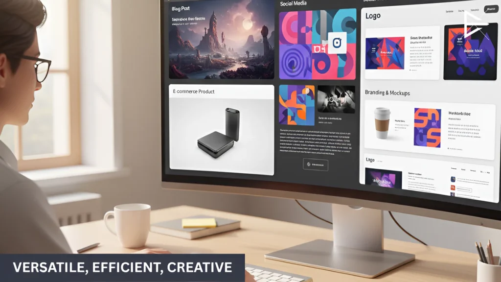 A person designing on a computer with AI-generated images for blog posts, social media, e-commerce, and branding, showcasing versatility, efficiency, and creativity.