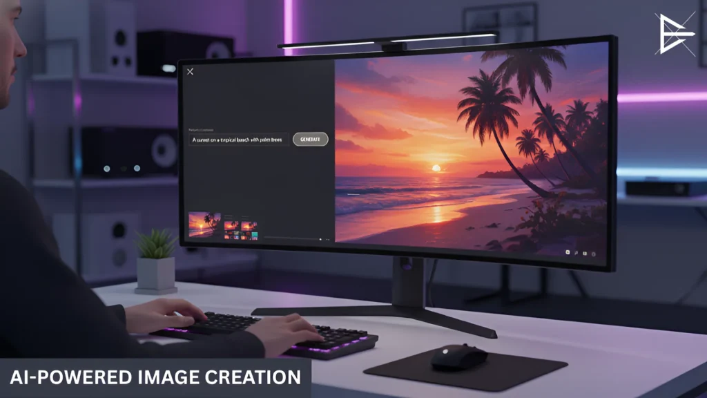 A person generating an AI image of a tropical beach at sunset, using an AI tool on their computer, symbolizing AI-powered image creation.