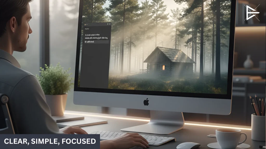 A person working at a desk with a computer displaying a calming, AI-generated forest cabin scene, representing clarity, simplicity, and focus in AI image creation.