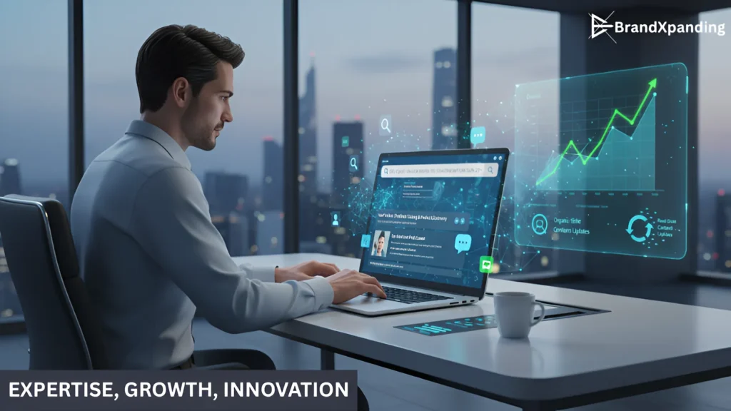 A professional SEO expert working in a modern office, analyzing AI-driven search results, SEO trends, and content strategies to keep websites competitive and up-to-date