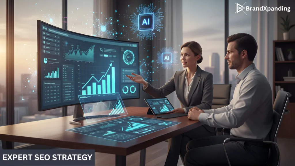 A professional discussing SEO data and analytics, with futuristic AI-driven insights enhancing website rankings.