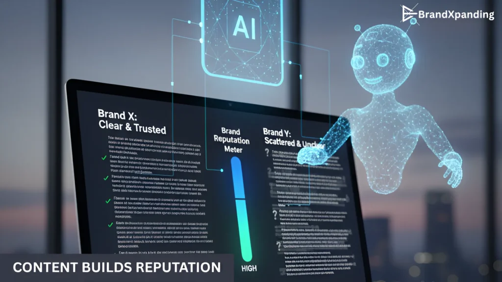 A screen showing a brand reputation meter, with AI analyzing content clarity, and a digital assistant measuring trustworthiness.
