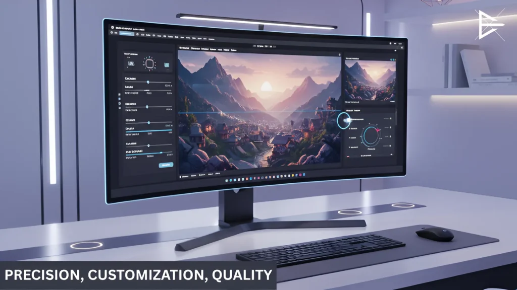 A sleek computer setup displaying a 3D landscape editing program with a focus on precision, customization, and quality controls.
