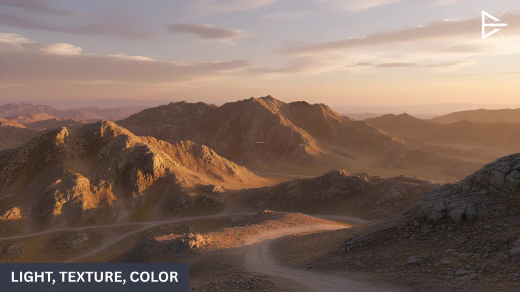 A stunning AI-generated landscape of mountains at sunset, emphasizing light, texture, and color.