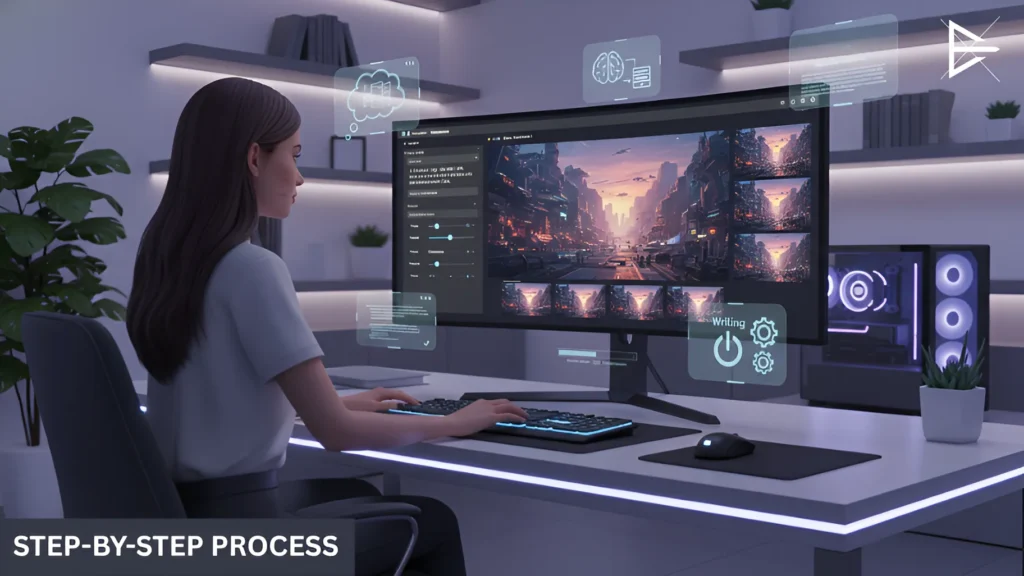 A woman working at a computer, interacting with a step-by-step process of generating an AI image, with visual indicators for creativity, writing, and adjustments.