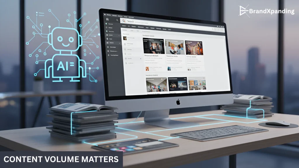 A workspace with a computer displaying a content management system, with AI-powered recommendations for optimizing content volume.