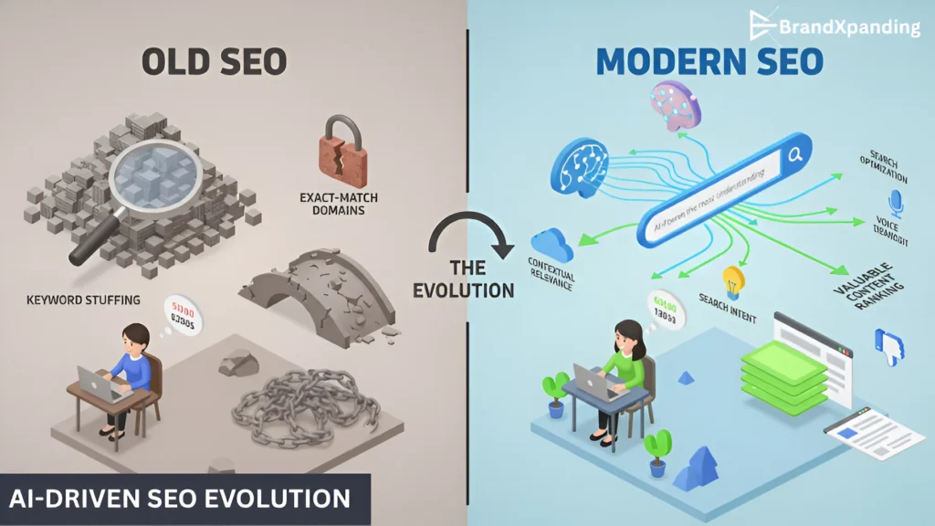 AI-powered search evolution with a 3D scene of a person interacting with AI-driven content and search engine results, reflecting the shift to more personalized search queries