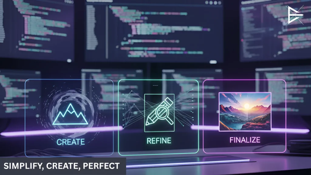 An advanced computer interface showing a 3D rendering process with options to create, refine, and finalize AI-generated images in a tech-focused environment.
