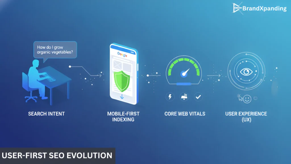 Futuristic workspace showing a person interacting with AI-driven SEO tools and visualizing personalized search results powered by AI, demonstrating the evolution of search engines