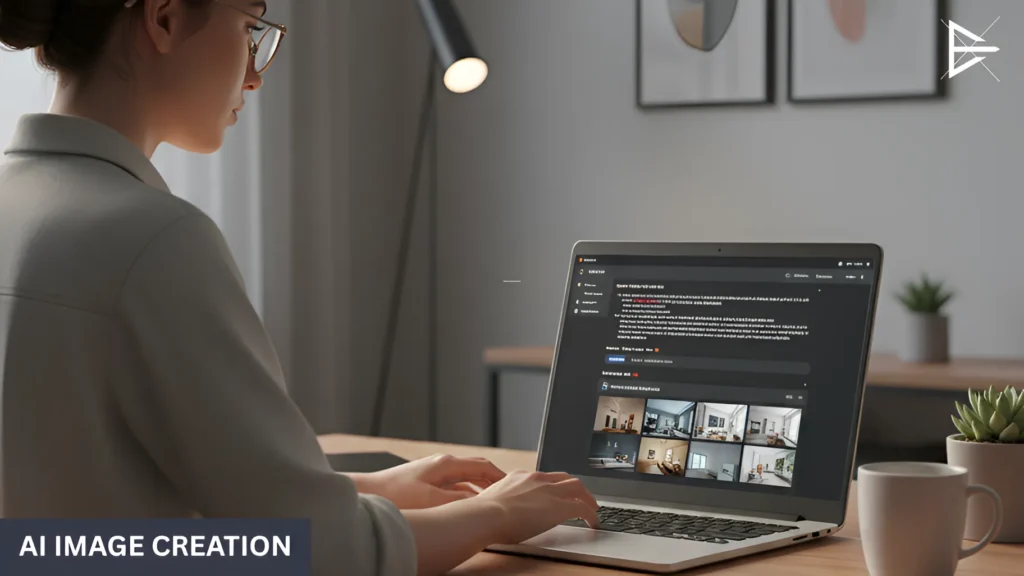 Laptop screen showing AI image generation interface, with a person working in a cozy, modern office. Focused on creating realistic designs using AI technology.