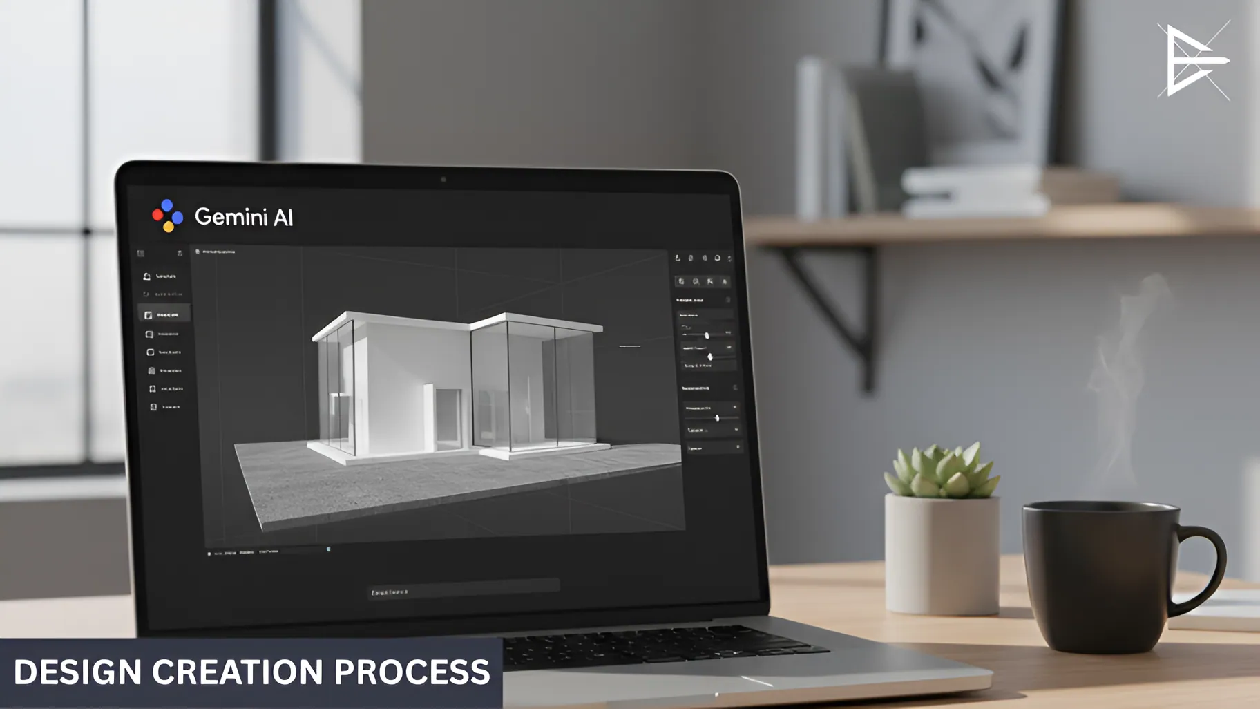 Laptop screen showing the Gemini interface, with a 3D architectural design being created. The workspace has soft lighting and a modern aesthetic, with plants and bookshelves in the background.