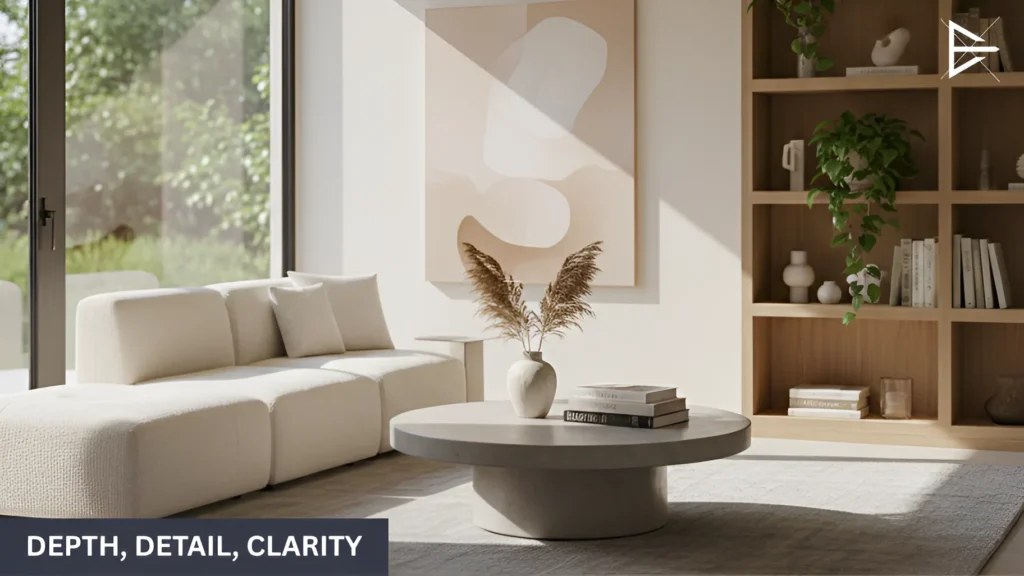 Minimalistic living room with soft natural lighting, showcasing a round concrete coffee table, a plant vase, and modern shelving with decorative objects.
