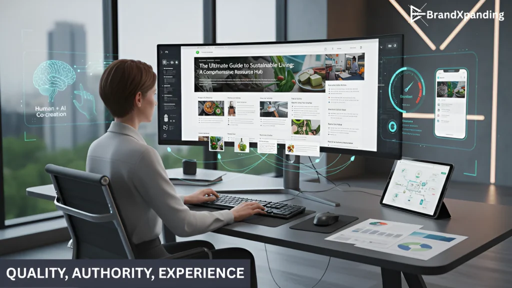Modern SEO workspace showing a person working on content creation, focusing on high-quality, detailed content while using AI for optimization