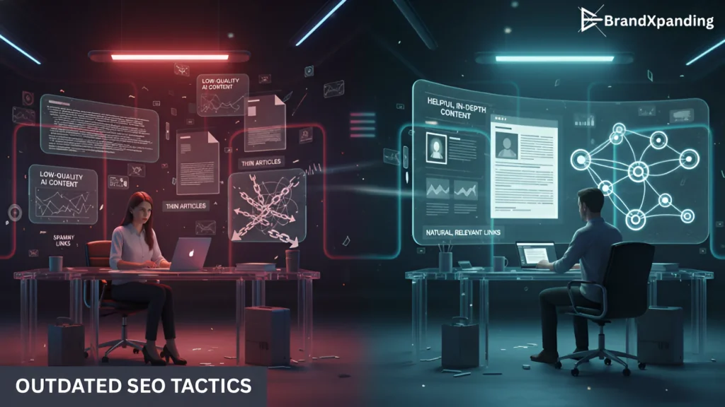 Person analyzing outdated SEO tactics with 3D representations of low-quality content, spammy links, and thin articles, contrasted with helpful, in-depth SEO content.