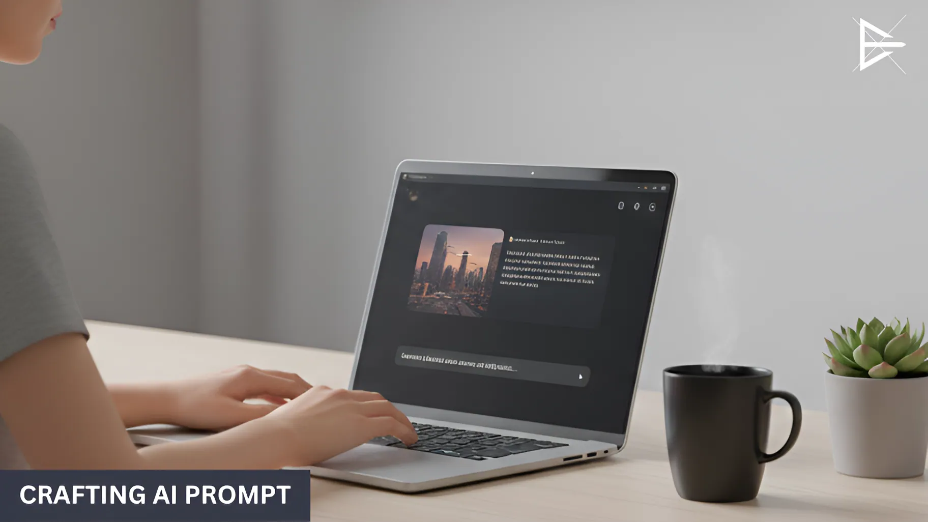 Person crafting a prompt in ChatGPT on a laptop, with a focus on the screen displaying AI-generated design. The workspace is minimalistic with soft lighting and a clean desk.