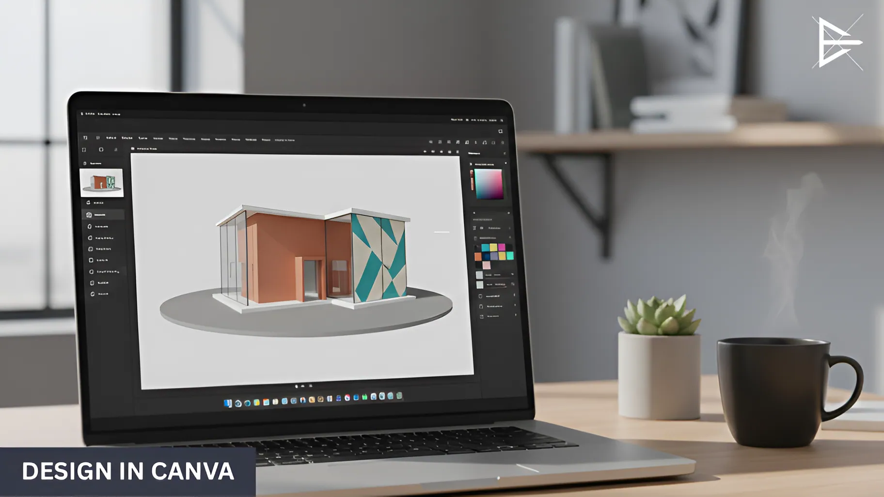 Person editing the design in Canva on a laptop. The screen shows adjustments to the 3D design with a clean and minimalistic workspace, including a coffee cup and plant.