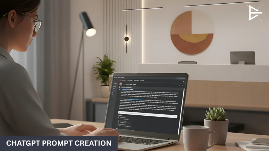 Person sitting at a desk with a laptop open to ChatGPT, creating a detailed prompt for AI image generation. Professional, modern office setting with soft lighting.