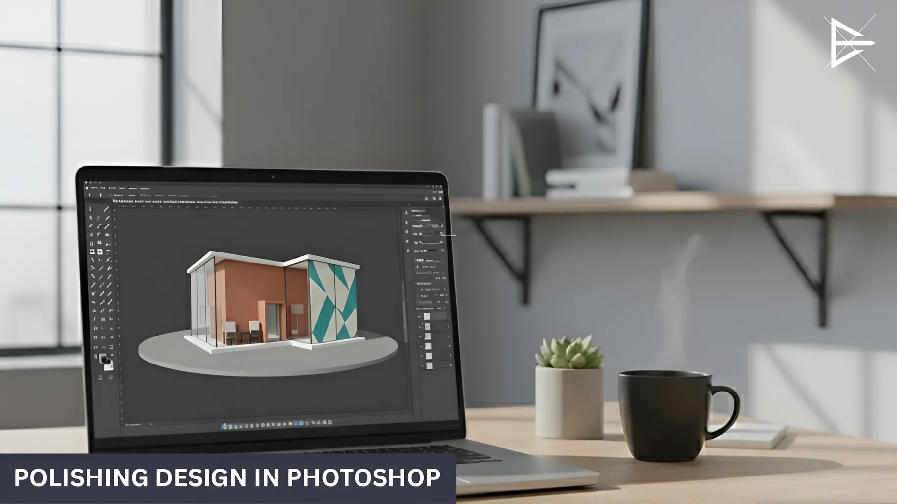 Person sitting at a desk with a laptop open to Photoshop, polishing a 3D design. The screen shows final adjustments being made to the design, with a cozy, modern workspace.