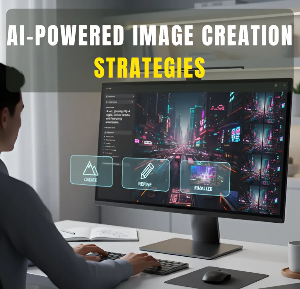 Person using AI tools to create, refine, and finalize a futuristic cityscape on a computer.
