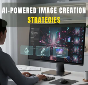 Person using AI tools to create, refine, and finalize a futuristic cityscape on a computer.