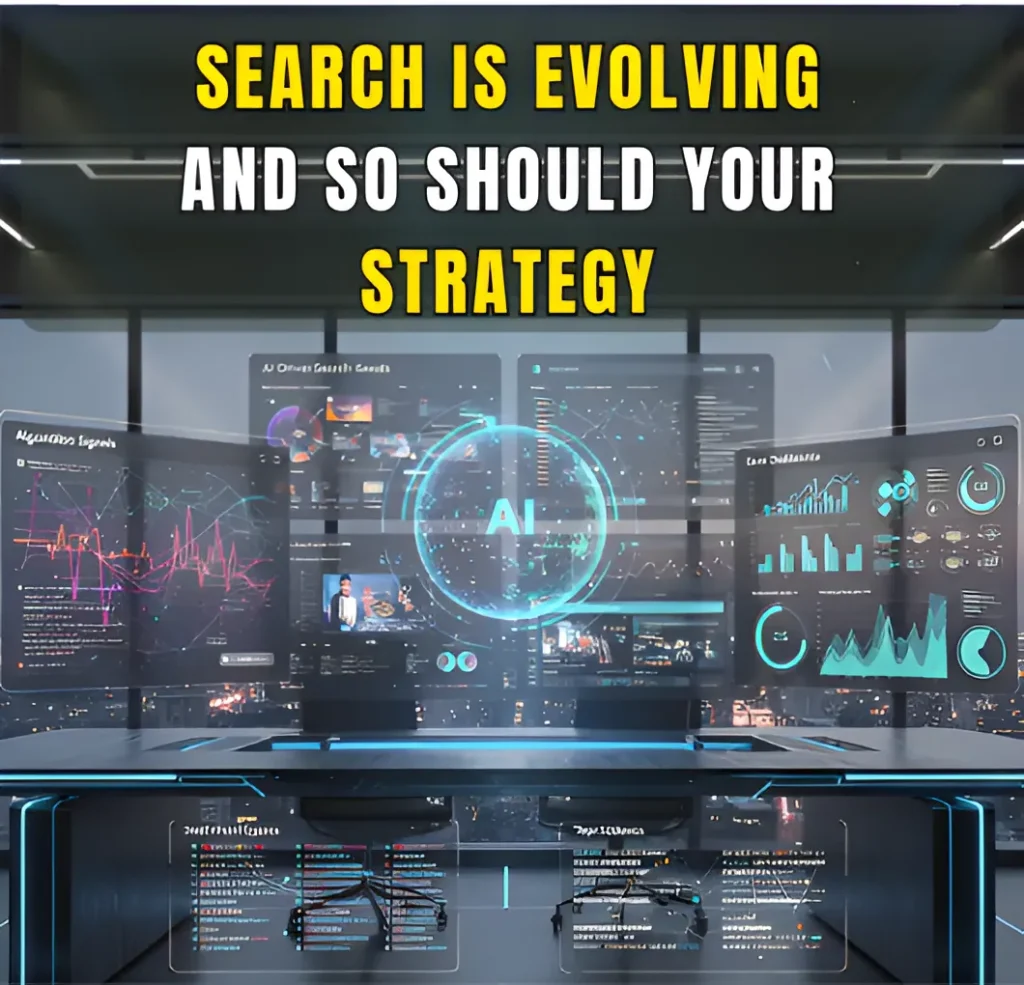 Realistic 3D digital workspace showcasing AI-driven SEO tools, algorithm visuals, and futuristic search data elements designed to illustrate how SEO evolves with artificial intelligence.