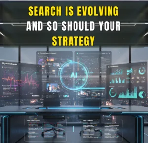 Realistic 3D digital workspace showcasing AI-driven SEO tools, algorithm visuals, and futuristic search data elements designed to illustrate how SEO evolves with artificial intelligence.