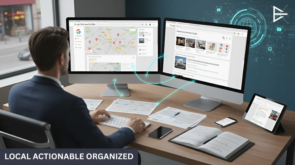 A digital workspace showing a Google Business Profile with map results on one monitor and SEO analysis with broader search results on the other.
