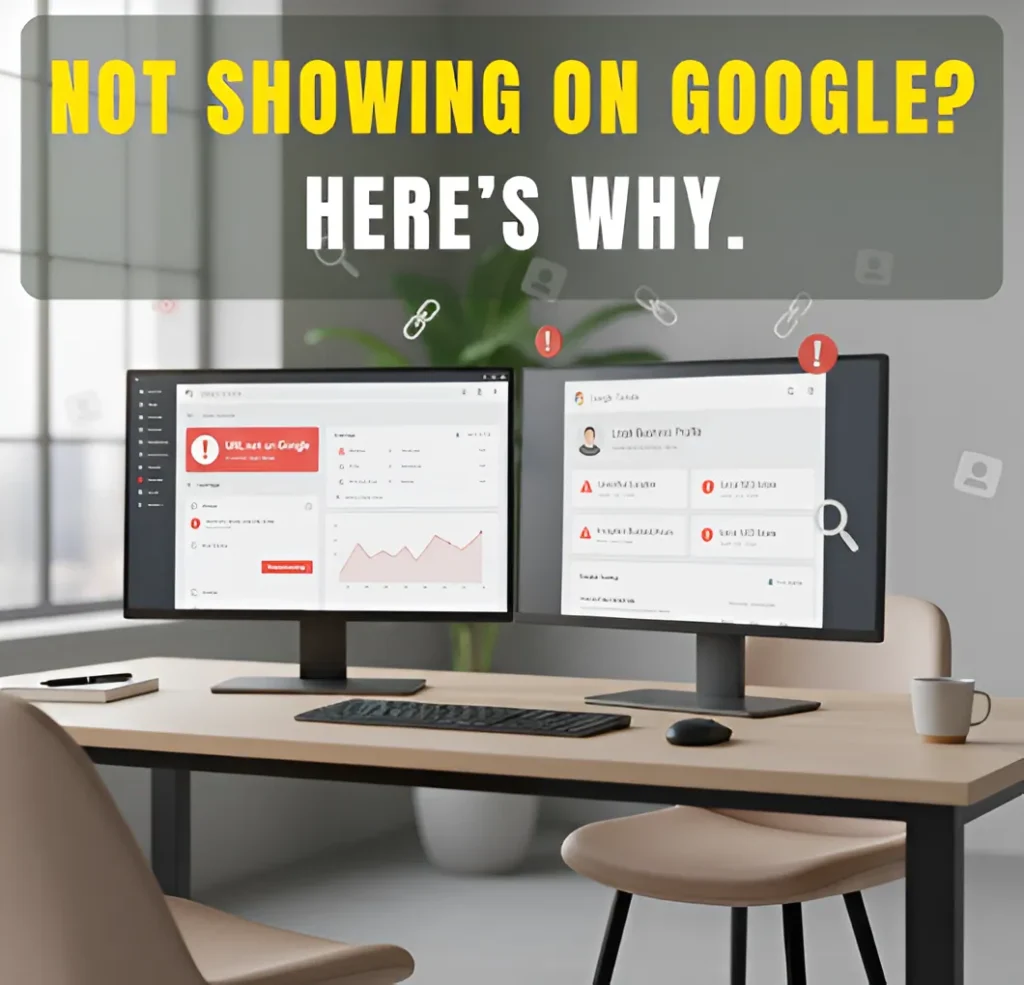 A modern dual-monitor workspace showing Google Search Console errors like “URL not on Google” and local SEO warnings, with bold text saying “Not Showing on Google Here’s Why.”