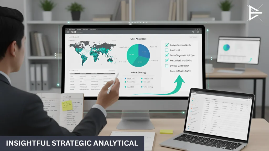 A professional workspace displaying an SEO dashboard with global and local SEO data, showing goal alignment and hybrid strategy for SEO performance.