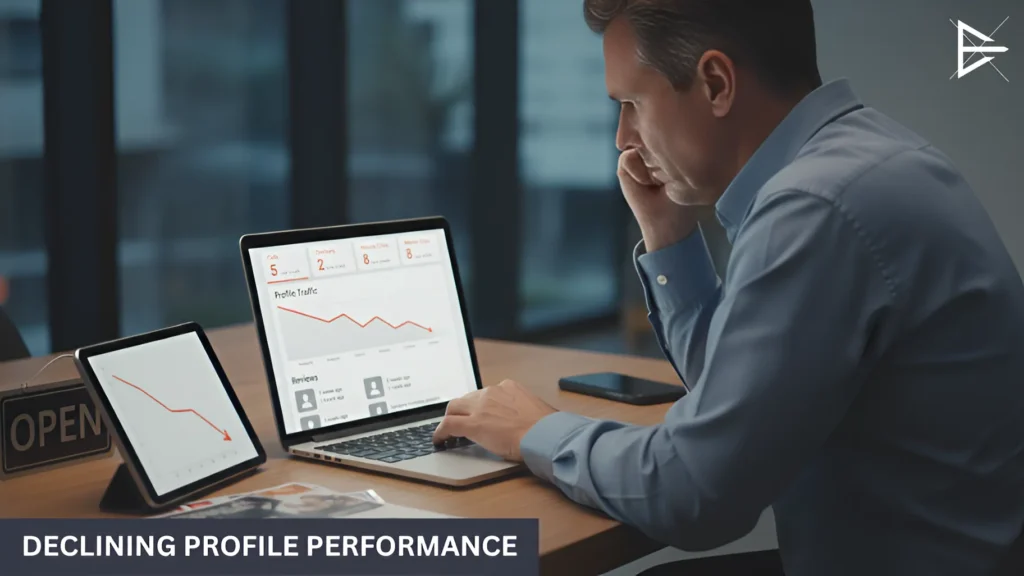 Business owner reviewing declining Google Business Profile performance metrics on a laptop and tablet.