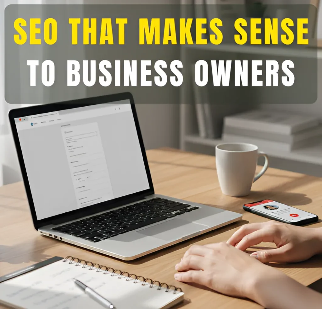 Business owner reviewing website activity on a laptop in a calm workspace, representing SEO that is clear and easy to understand