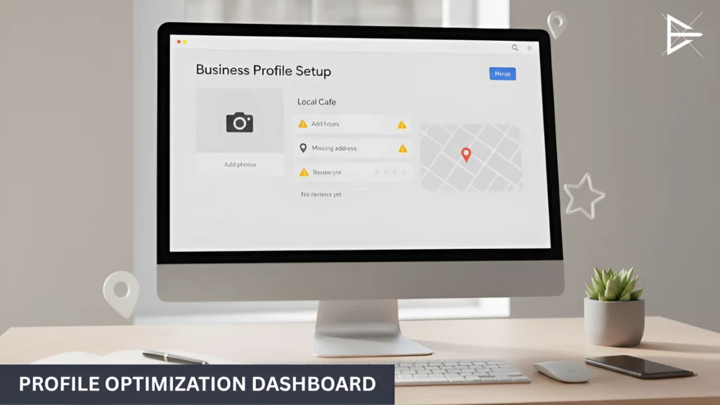 “Business profile optimization dashboard showing missing details, address warnings, and incomplete local profile fields.”