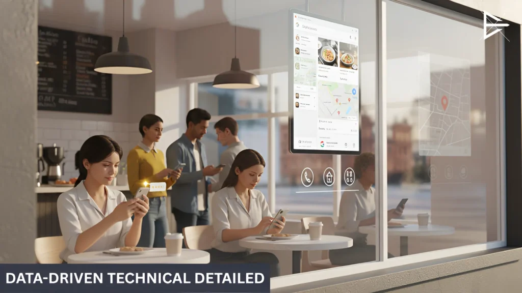 Cafe setting with customers interacting with their smartphones and a Google Business Profile displayed on a digital screen