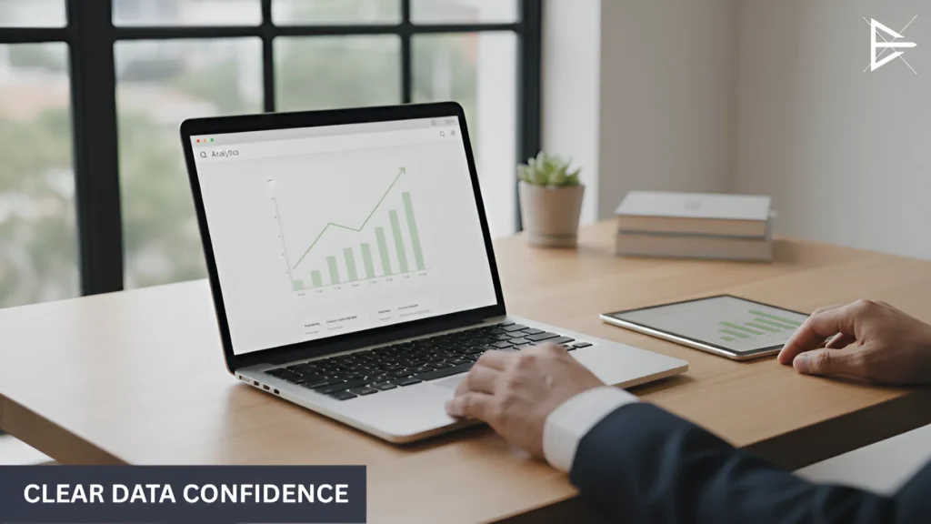 Calm workspace showing a laptop and notes that reflect clarity and confidence in ongoing SEO work