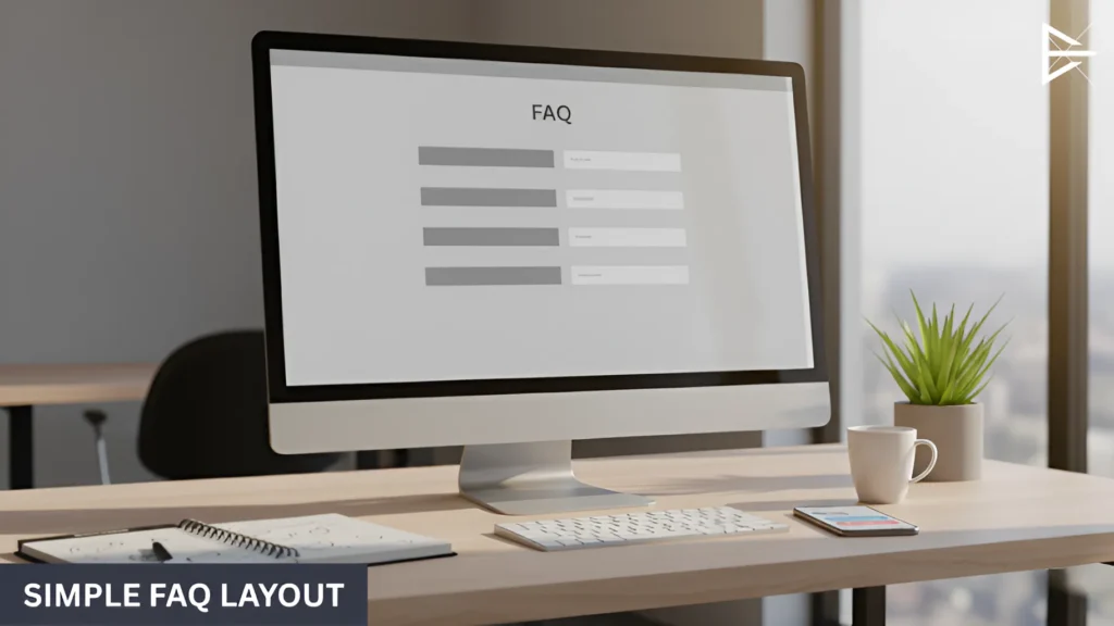 “Clean computer screen showing a simple FAQ layout with expandable sections, demonstrating easy-to-read website content structure.”