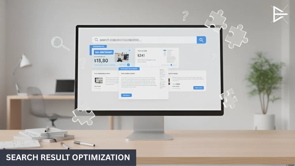 “Computer screen displaying search result optimization interface with preview cards and ranking improvement elements.”