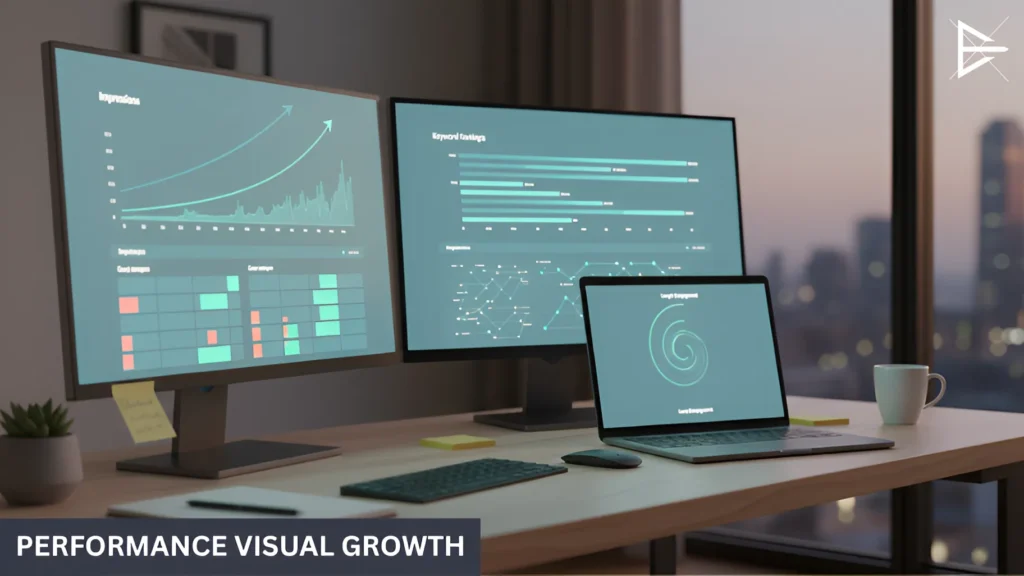 Desk setup with two monitors displaying keyword rankings, impressions, and performance charts.