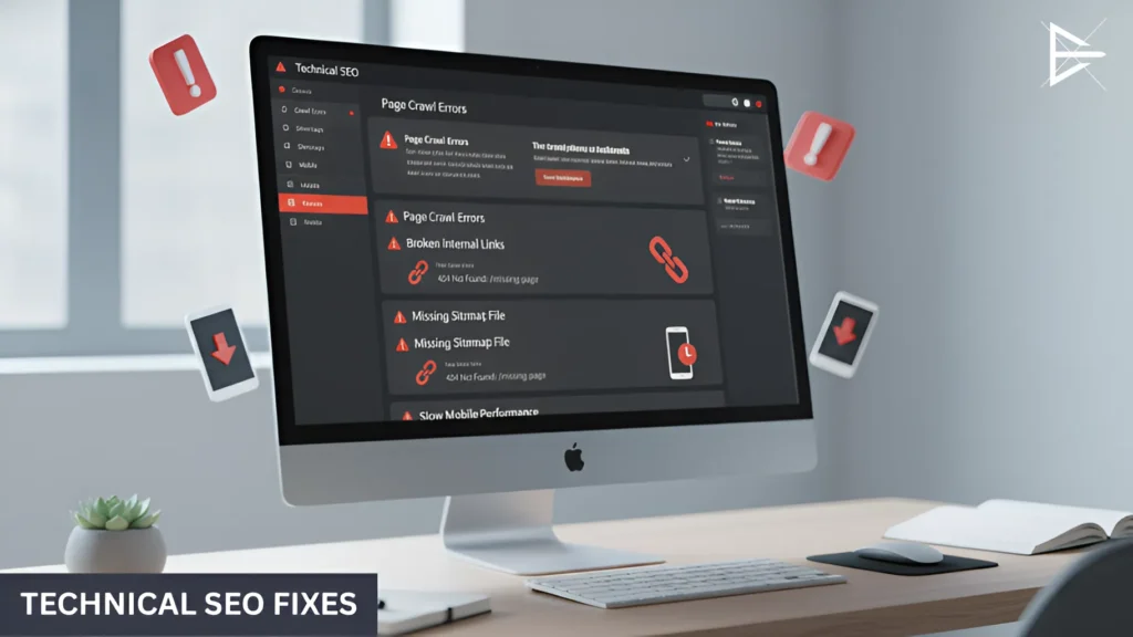 “Desktop computer showing technical SEO fixes dashboard with crawl errors, broken links, and sitemap issues.”
