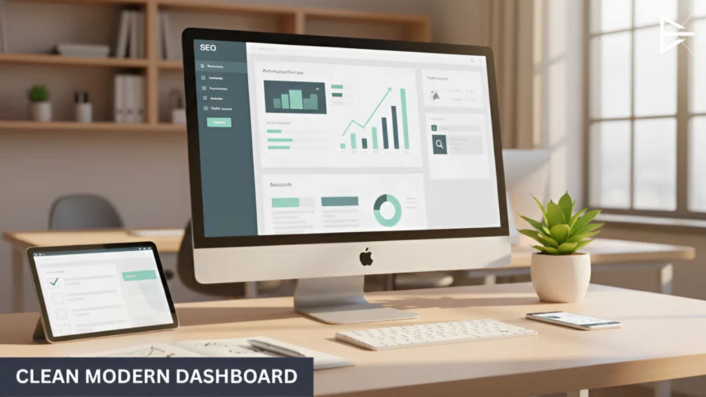 “Desktop displaying a modern SEO analytics dashboard with charts and performance graphs, representing clear website insights.”