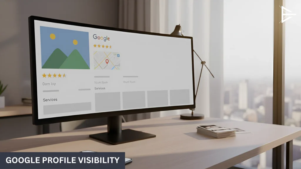 “Desktop screen displaying a mock Google Business Profile with star ratings and a map pin, representing improved local visibility.”