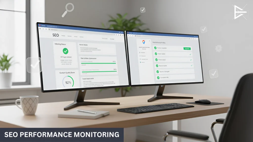 “Dual monitor setup showing SEO performance monitoring dashboard with indexing status and optimization progress.”