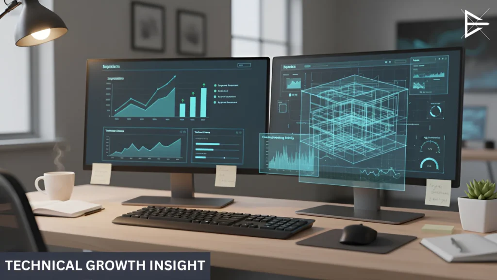 Dual monitors showing technical dashboards with data charts and a 3D wireframe model.