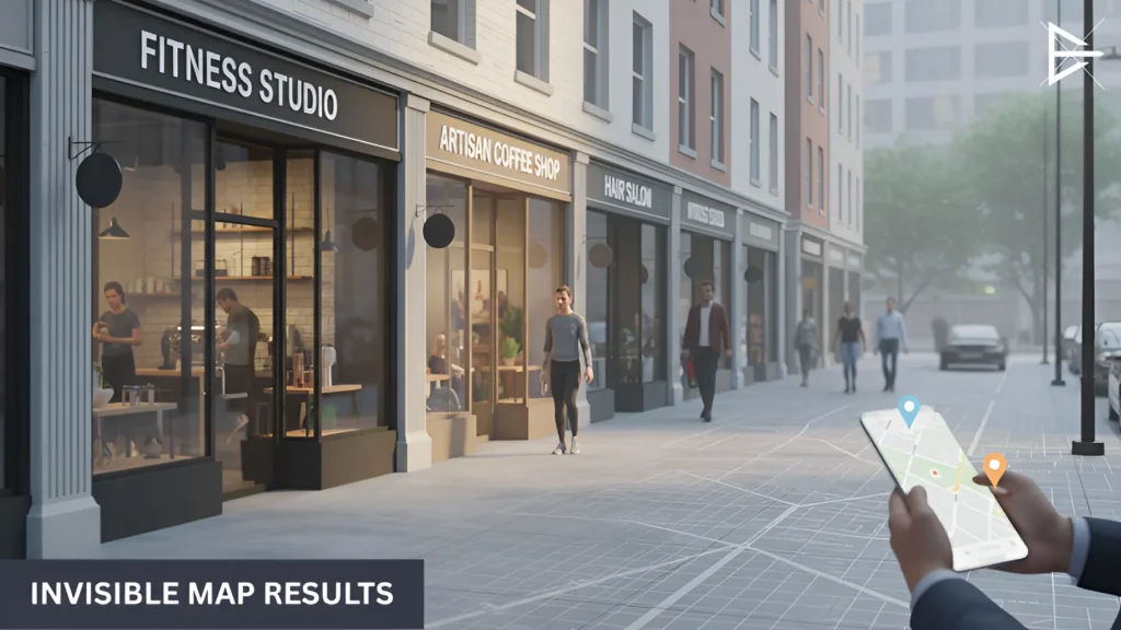 Fitness studio and coffee shop with a user holding a phone showing Google Maps results, indicating invisible map results.