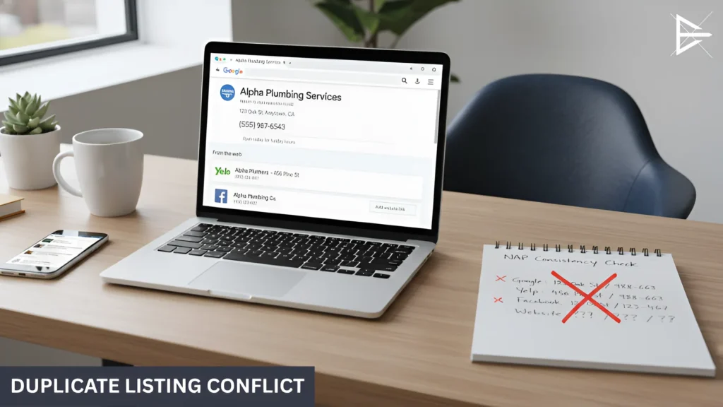 Google Business Profile listing on a laptop with duplicate business information and NAP consistency issues. (2)