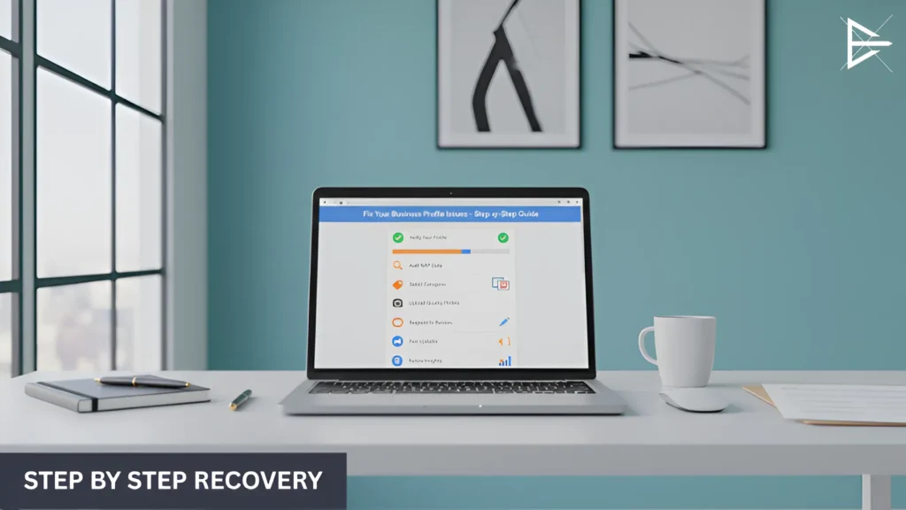 Laptop displaying a Google Business Profile being edited to correct inaccurate business information on a clean office desk.