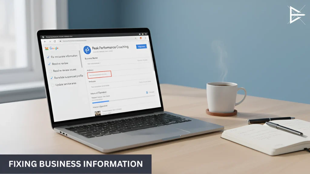 Laptop displaying a Google Business Profile being edited to correct inaccurate business information on a clean office desk. (2)